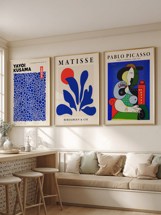 Matisse Kusama Picasso Set of 3 Art wall art print displayed in a bright modern living room
