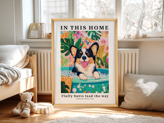 Pembroke Welsh Corgi wall art print displayed in a bright modern living room