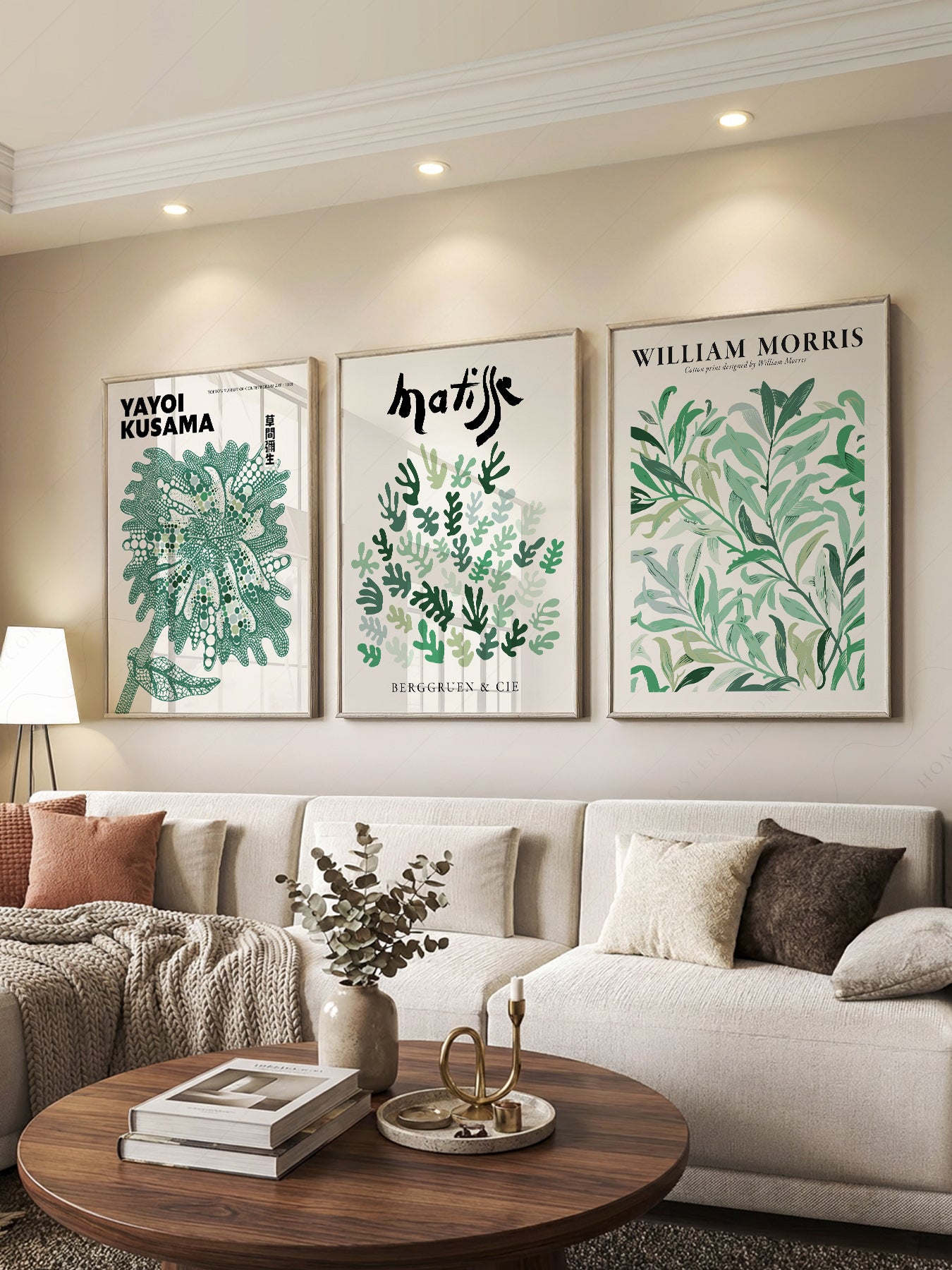 Set of 3 Green Botanical Prints – Kusama Matisse – art poster for living room