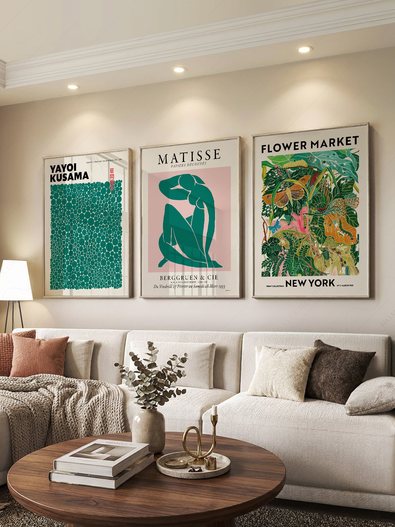 Modern Gallery Wall Set of 3 Prints print styled in a mid-century modern dining room