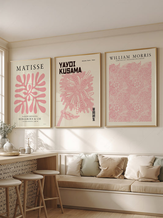 Matisse Morris Kusama Set of 3 Pink Art wall art print displayed in a bright modern living room