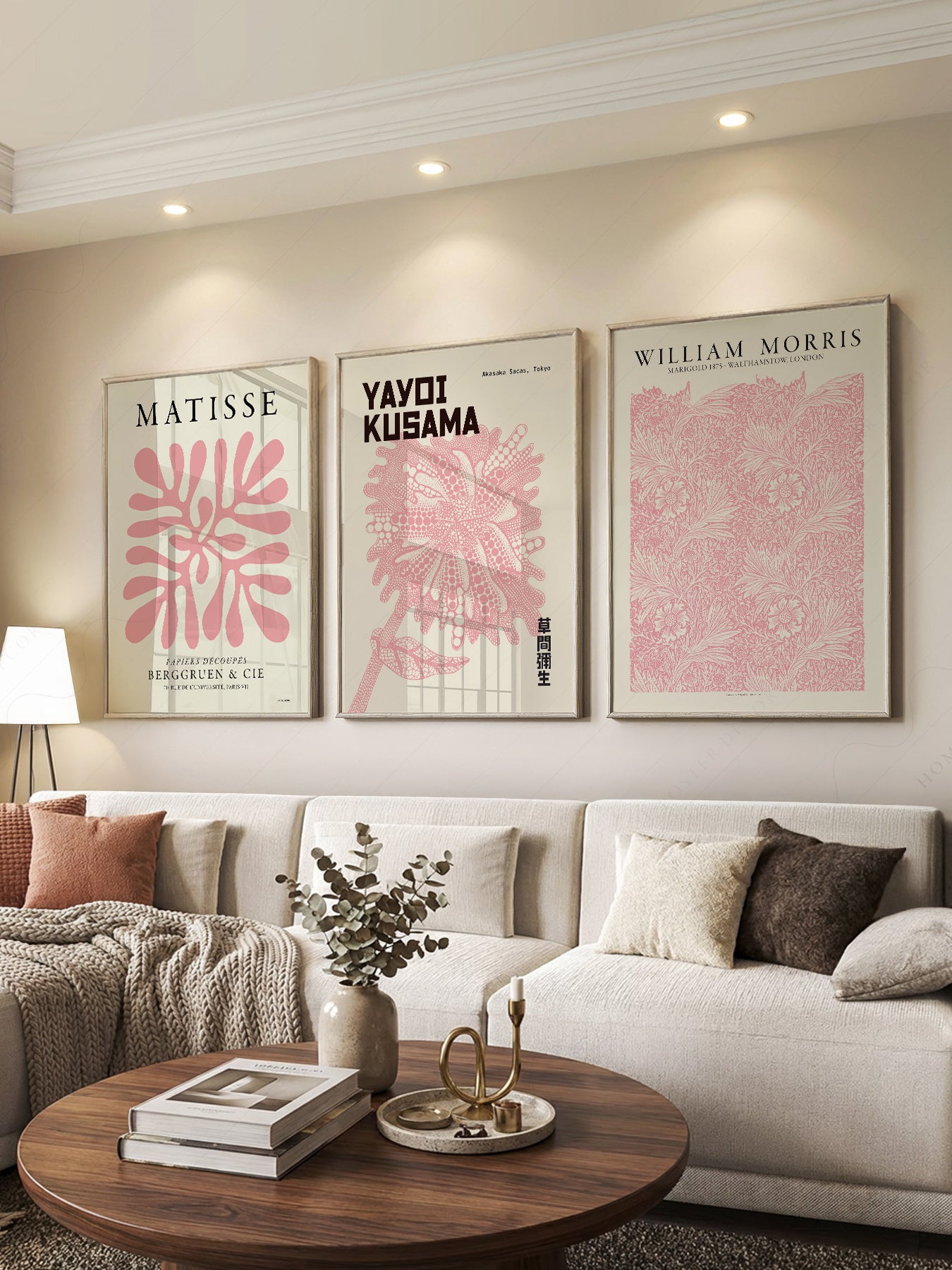 Matisse Morris Kusama Set of 3 Pink Art print styled in a mid-century modern dining room