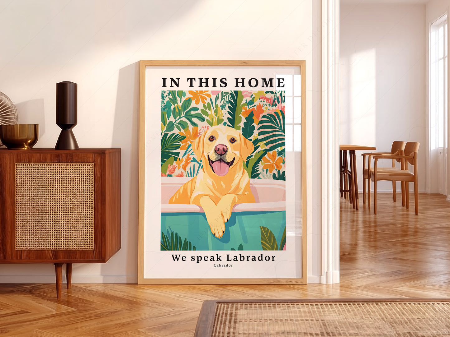 Labrador dog art print featuring a happy golden Lab in a bathtub surrounded by tropical plants and flowers.