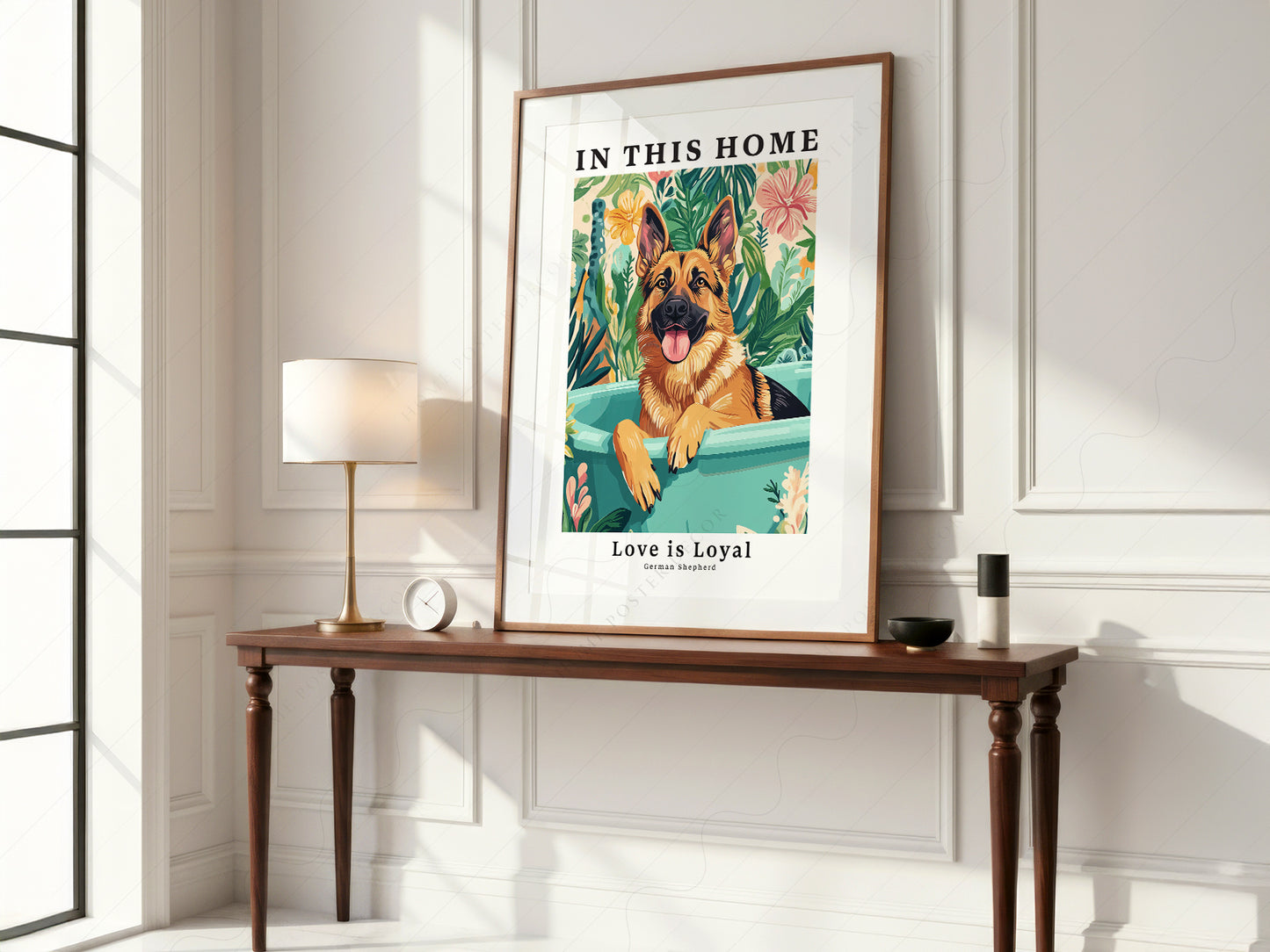 German Shepherd dog art print featuring a happy pup in a tub surrounded by tropical botanicals and loyalty quote.