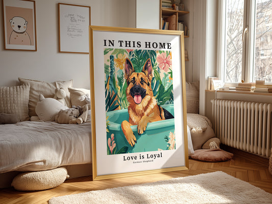 German Shepherd Dog wall art print displayed in a bright modern living room