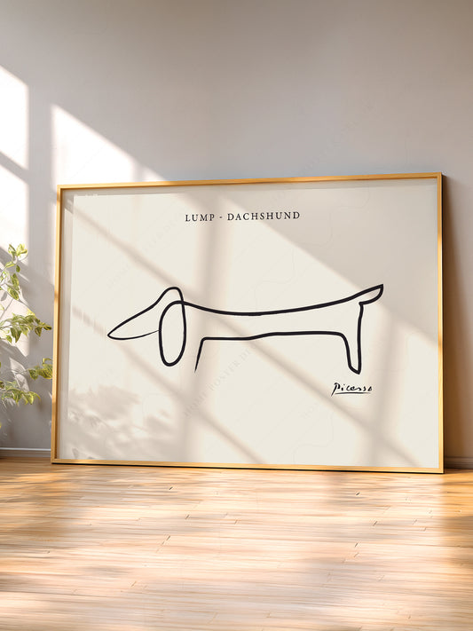 Pablo Picasso Lump Dachshund Line wall art print displayed in a bright modern living room