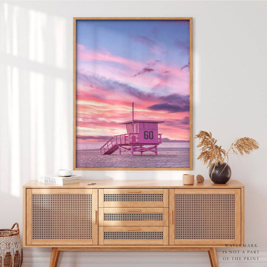 Beach Art Print, Coastal Photo, Sunset Wall Art, Pink Lifeguard