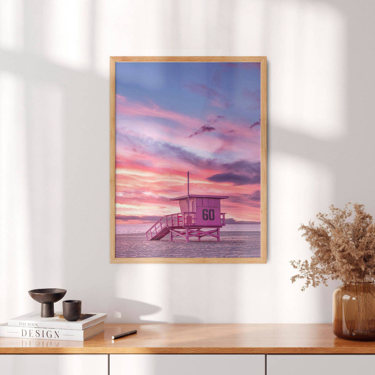 Beach Art Print, Coastal Photo, Sunset Wall Art, Pink Lifeguard