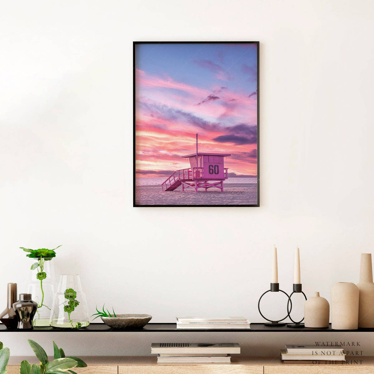Beach Art Print, Coastal Photo, Sunset Wall Art, Pink Lifeguard
