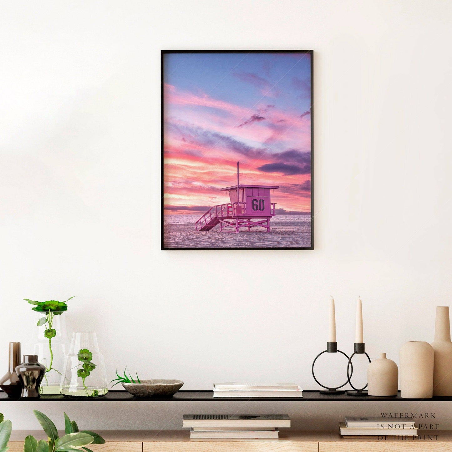 Beach Art Print, Coastal Photo, Sunset Wall Art, Pink Lifeguard