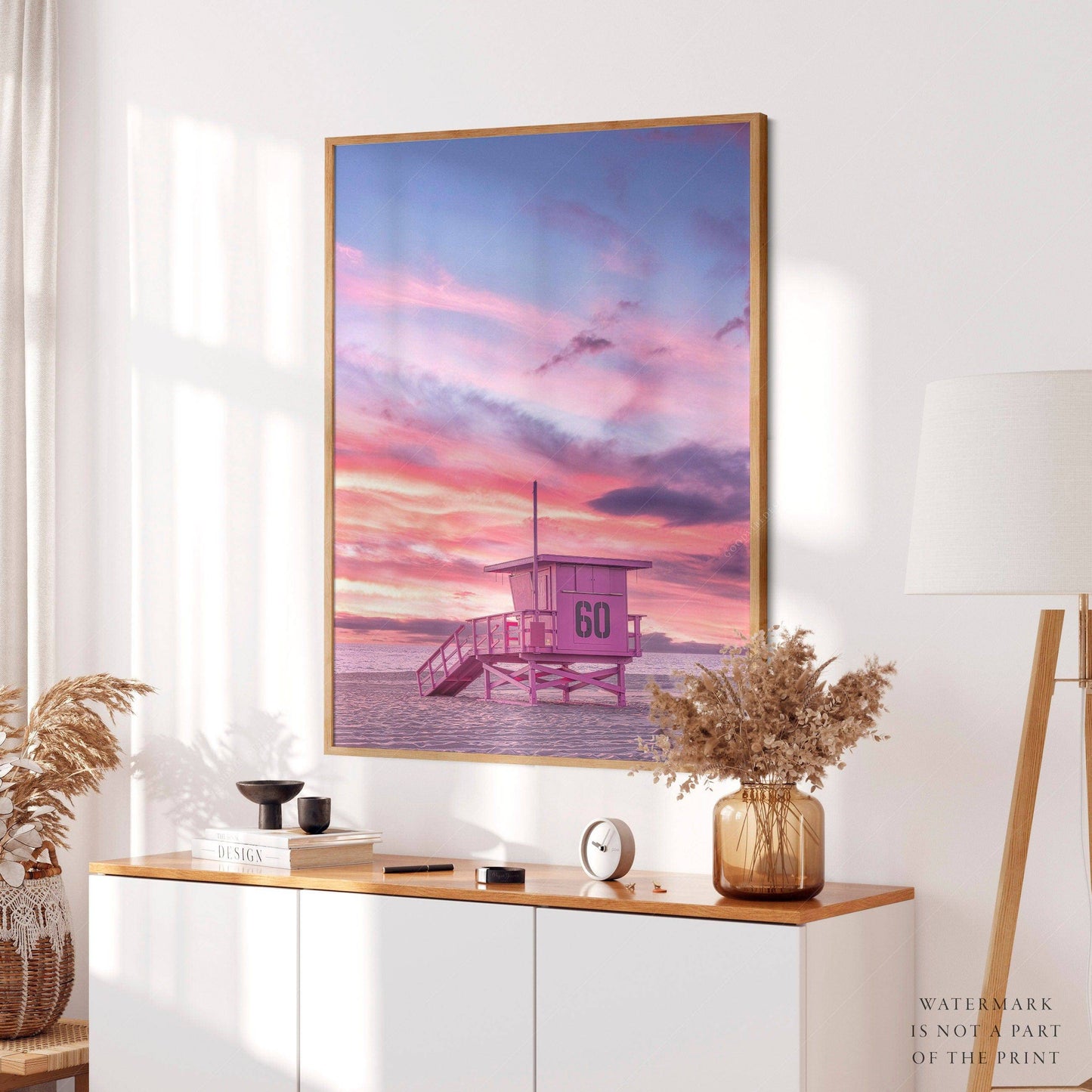Beach Art Print, Coastal Photo, Sunset Wall Art, Pink Lifeguard