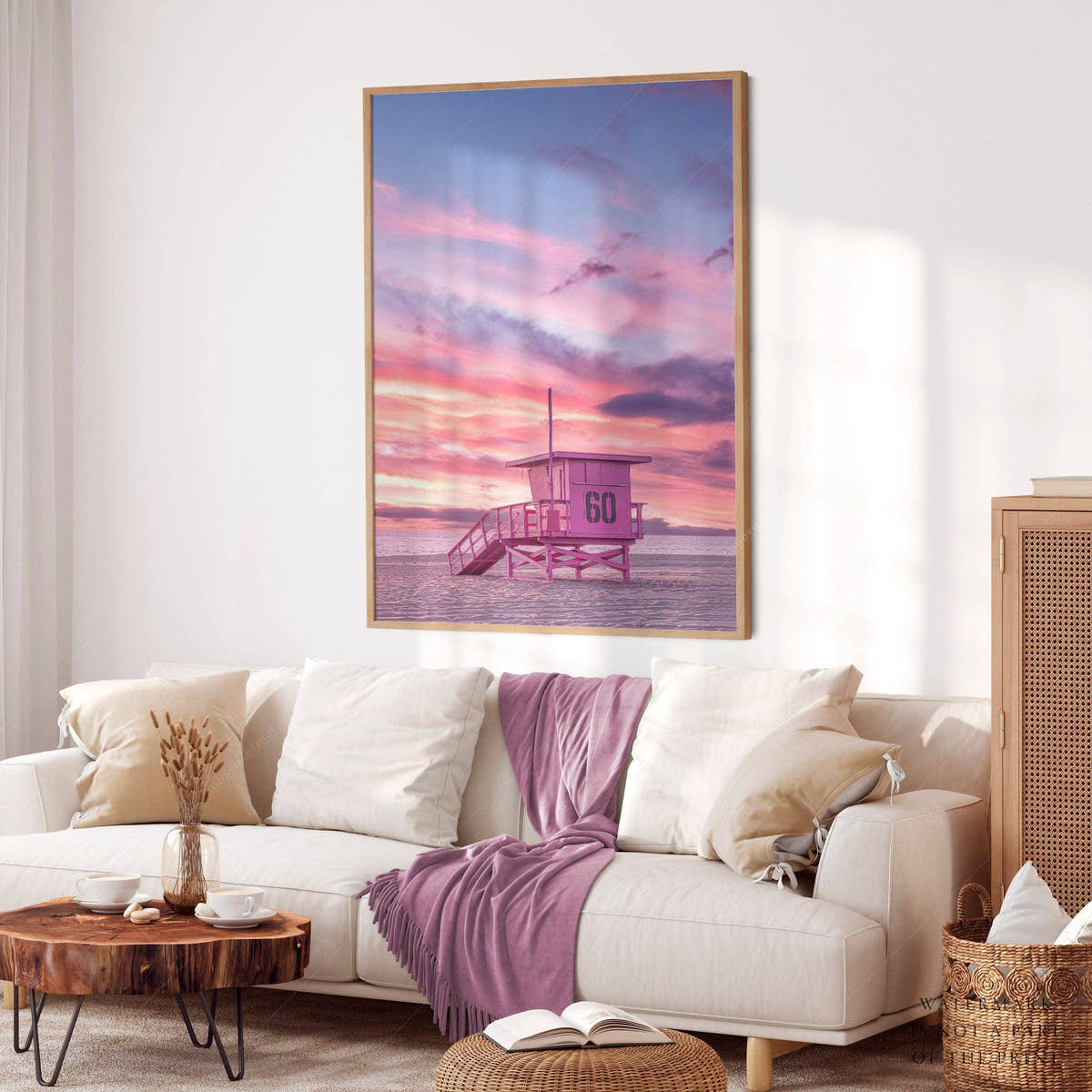 Beach Art Print, Coastal Photo, Sunset Wall Art, Pink Lifeguard