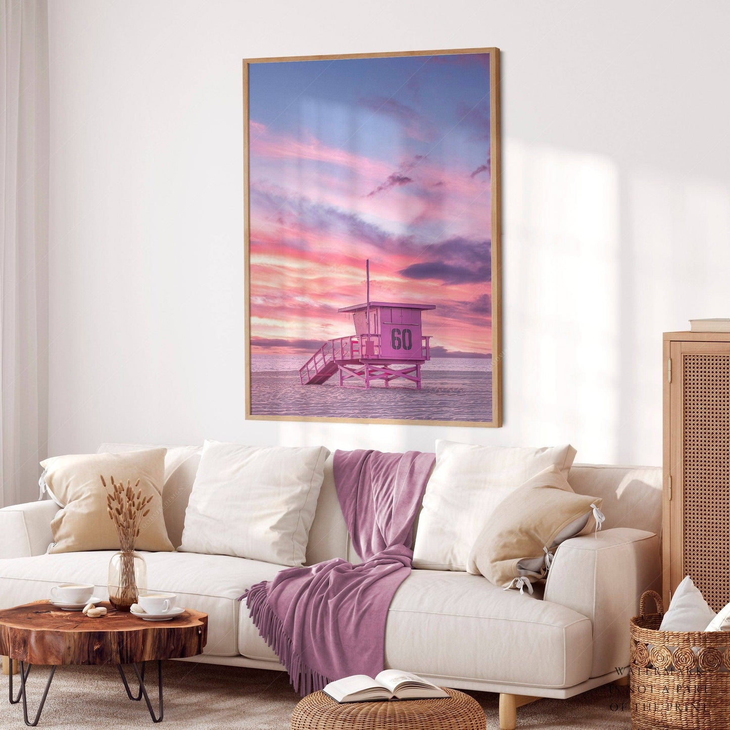 Beach Art Print, Coastal Photo, Sunset Wall Art, Pink Lifeguard