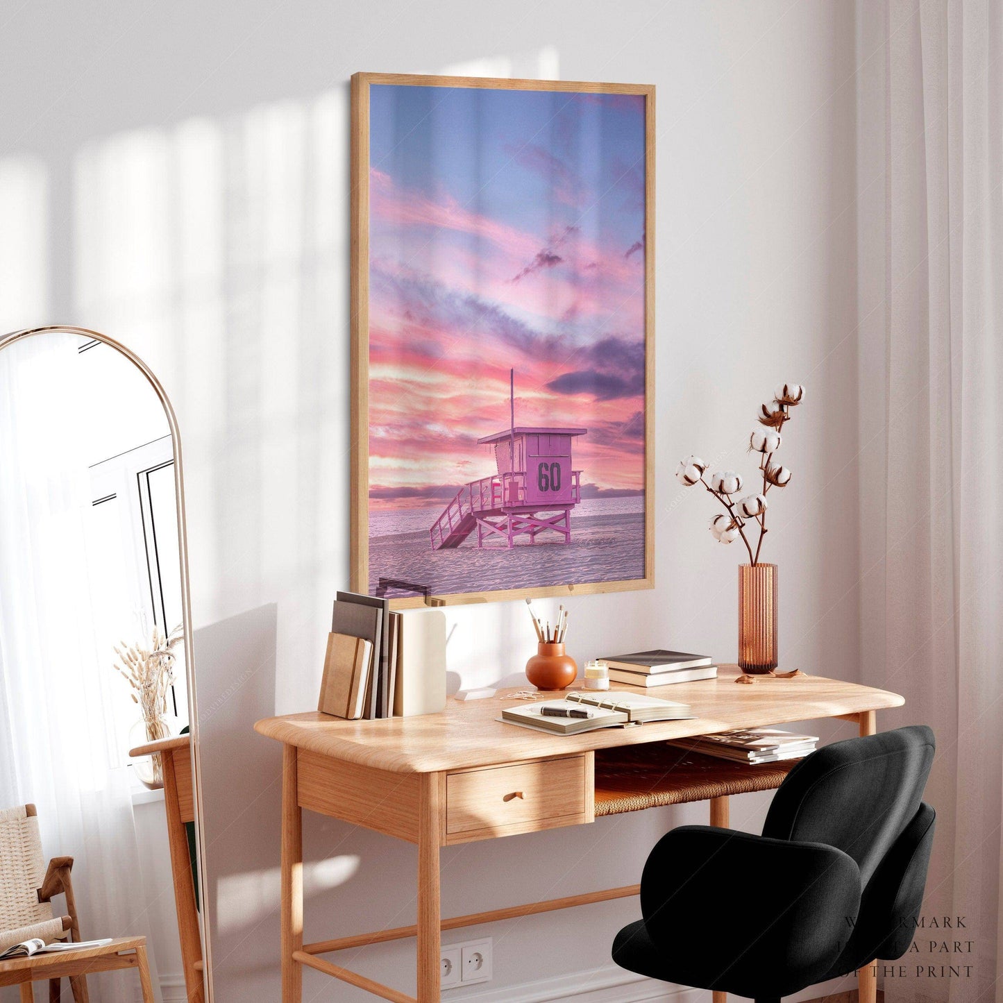 Beach Art Print, Coastal Photo, Sunset Wall Art, Pink Lifeguard