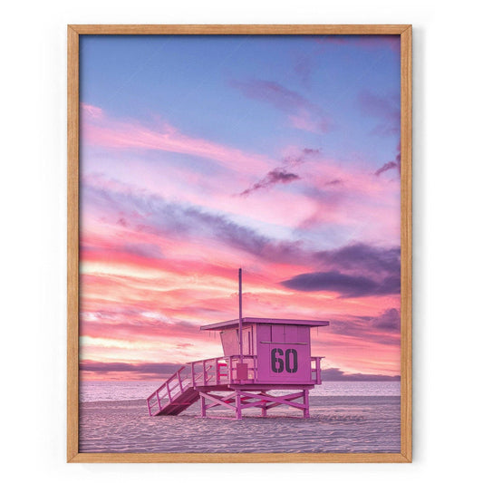 Beach Art Print, Coastal Photo, Sunset Wall Art, Pink Lifeguard