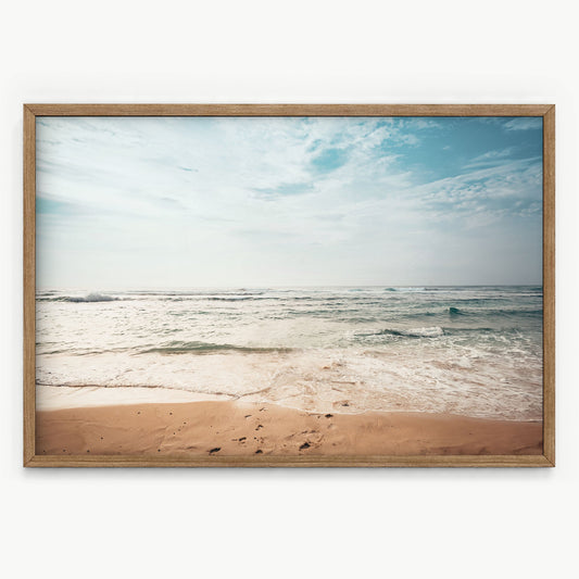 Coastal Beach Photography photography print displayed in a bright coastal living room