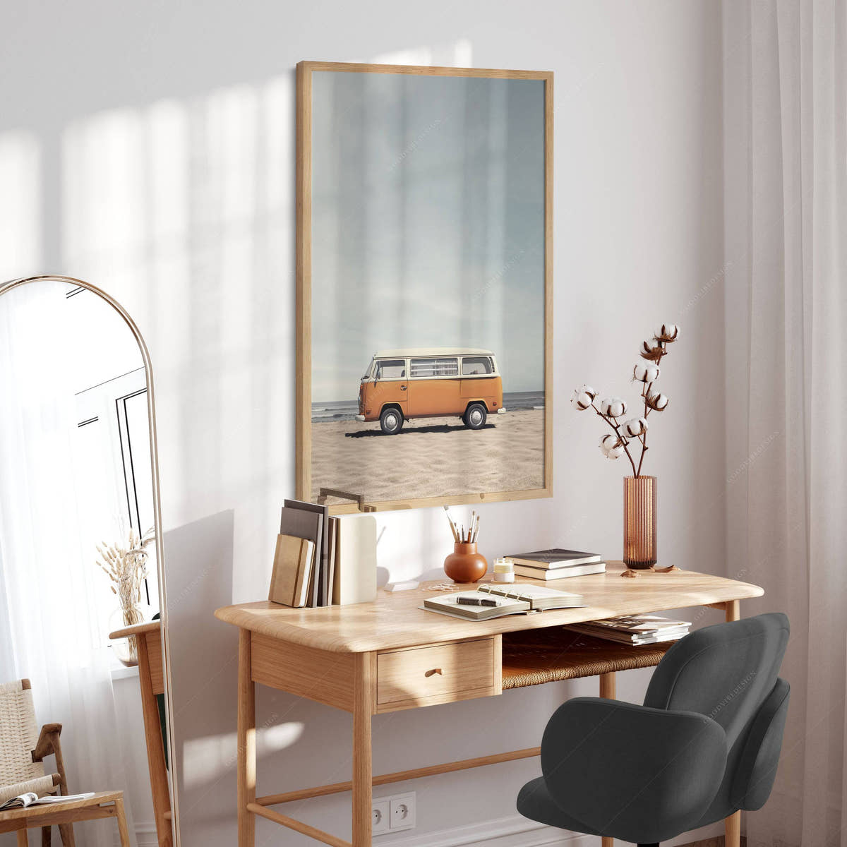 Beach Wall Art, Orange Van Print, Retro Wall Decor, Surf lover gift