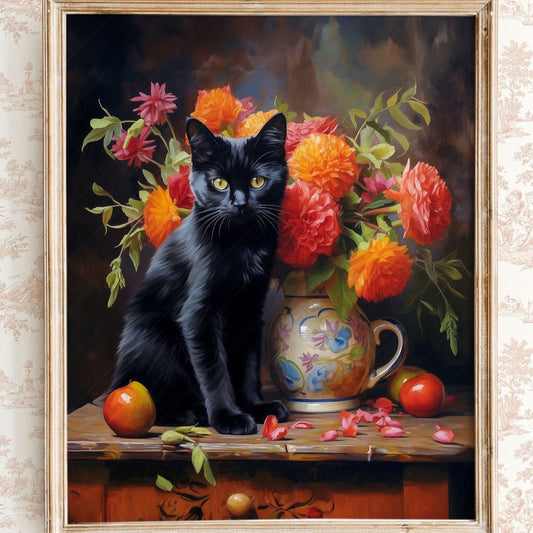 Beautiful black cat painting, Floral still life, Bombay cat print