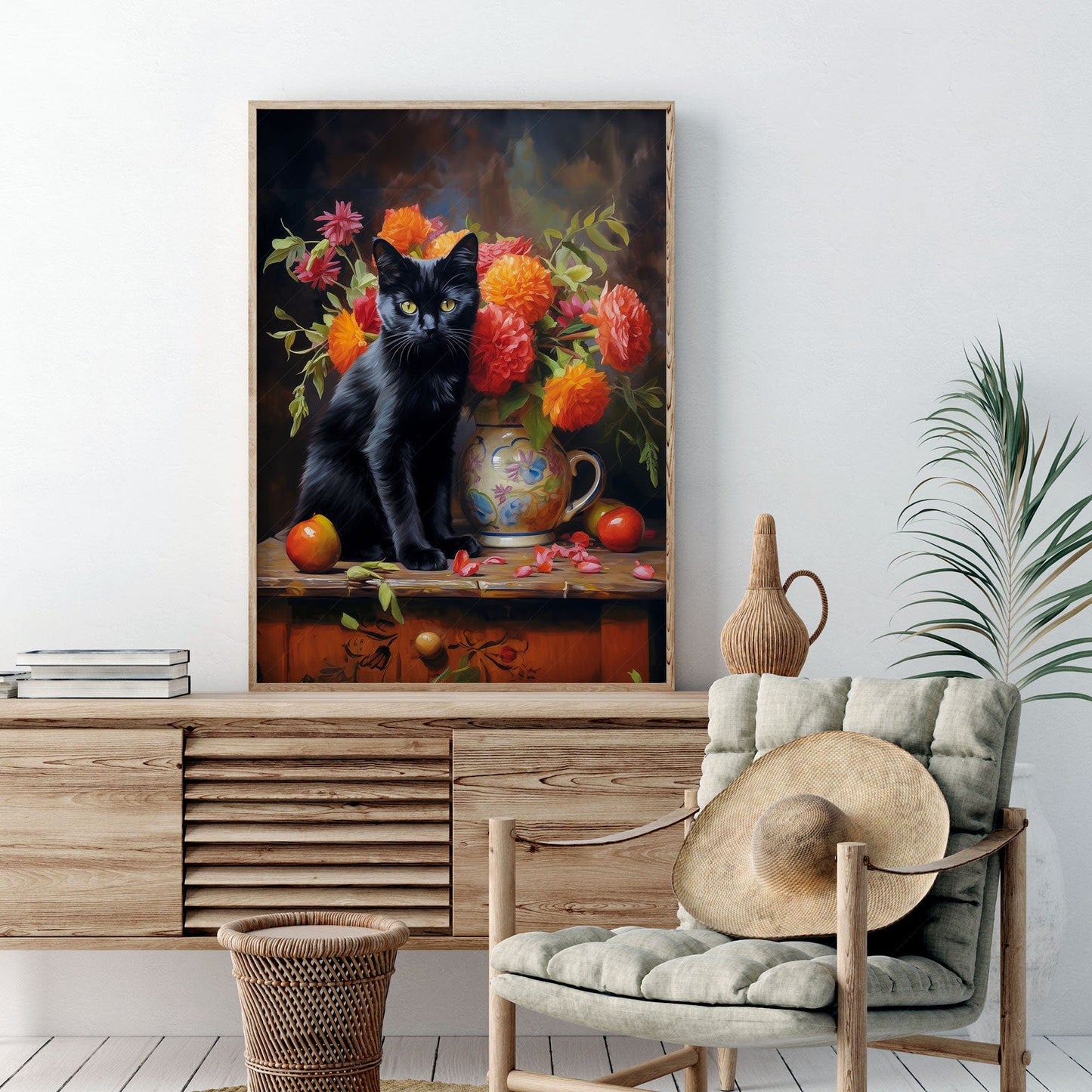Beautiful black cat painting, Floral still life, Bombay cat print