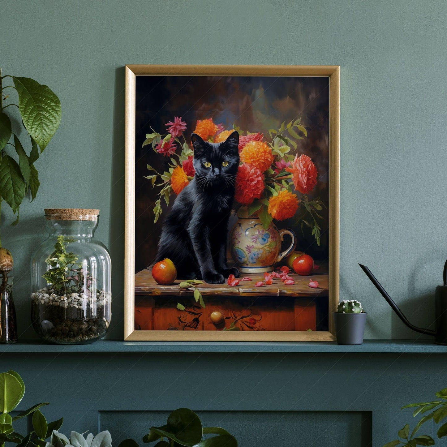 Beautiful black cat painting, Floral still life, Bombay cat print
