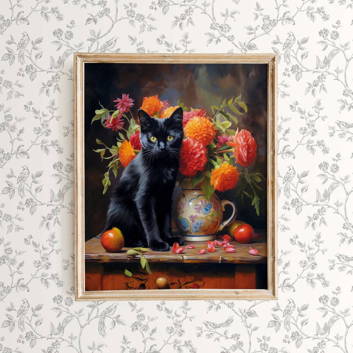 Beautiful black cat painting, Floral still life, Bombay cat print