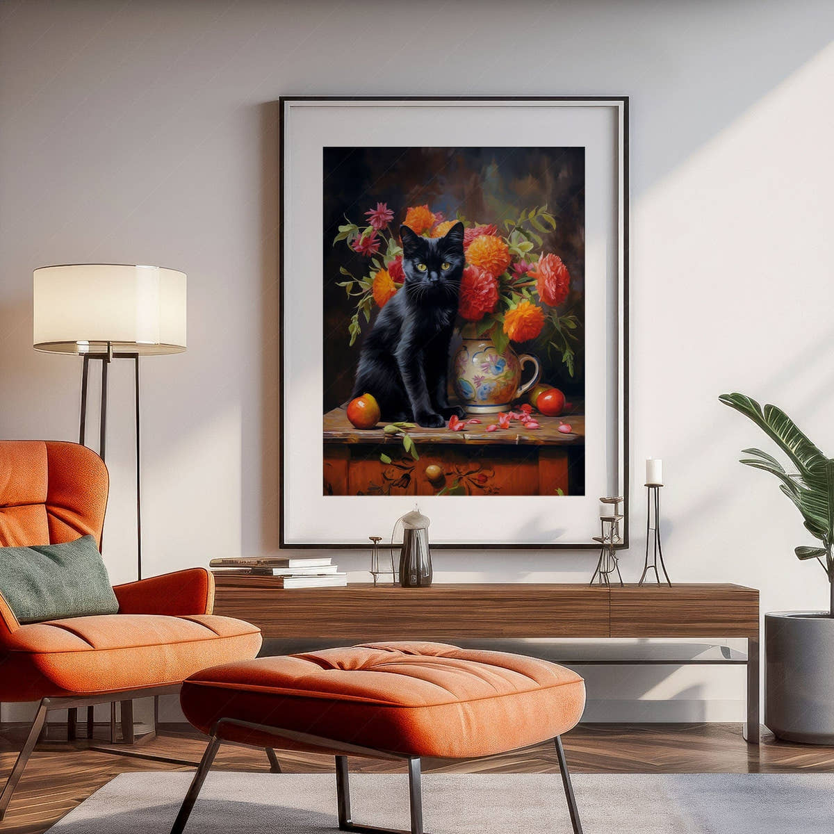 Beautiful black cat painting, Floral still life, Bombay cat print
