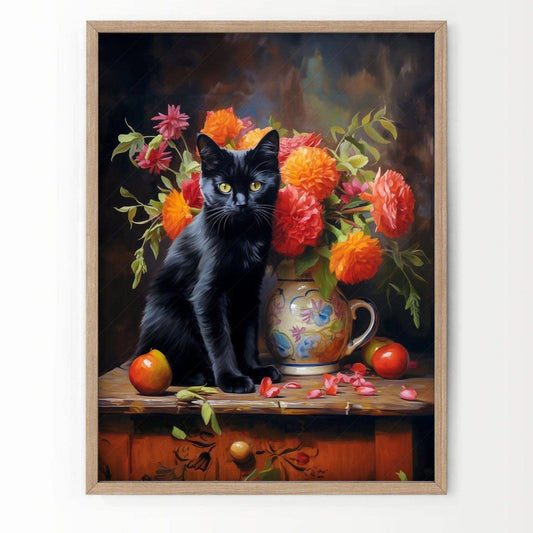 Beautiful black cat painting, Floral still life, Bombay cat print