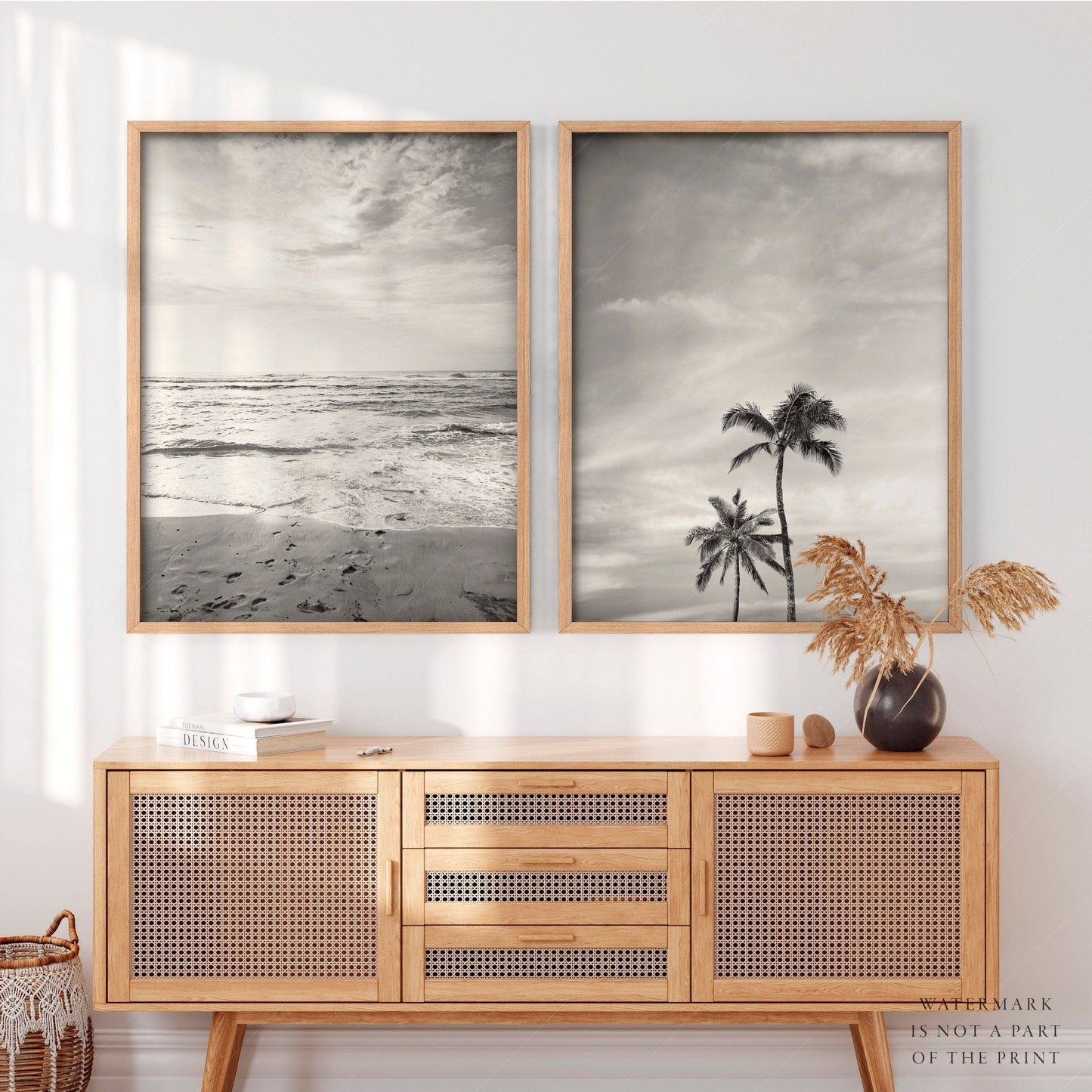 Black White Beach Photo, Palm Tree Print, Coastal Set of 2, Ocean and Sand