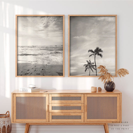 Black White Beach Photo, Palm Tree Print, Coastal Set of 2, Ocean and Sand