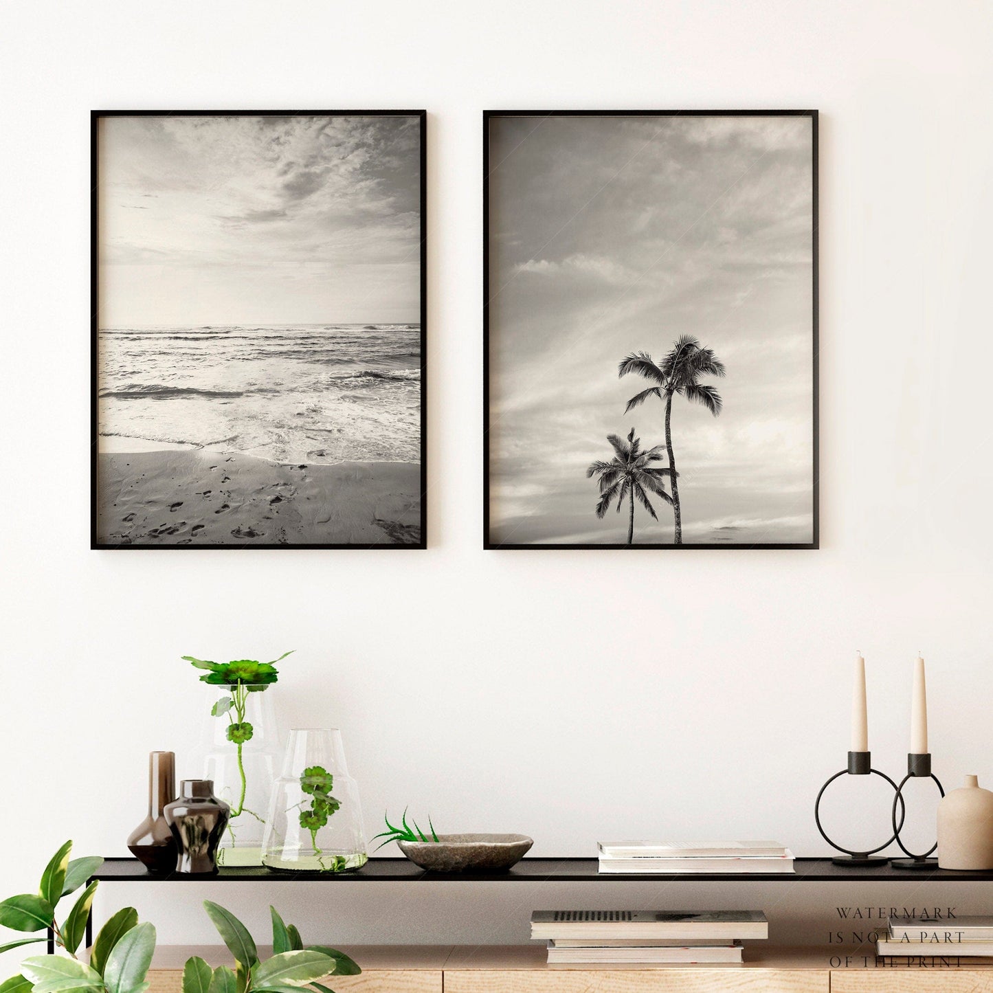 Black White Beach Photo, Palm Tree Print, Coastal Set of 2, Ocean and Sand