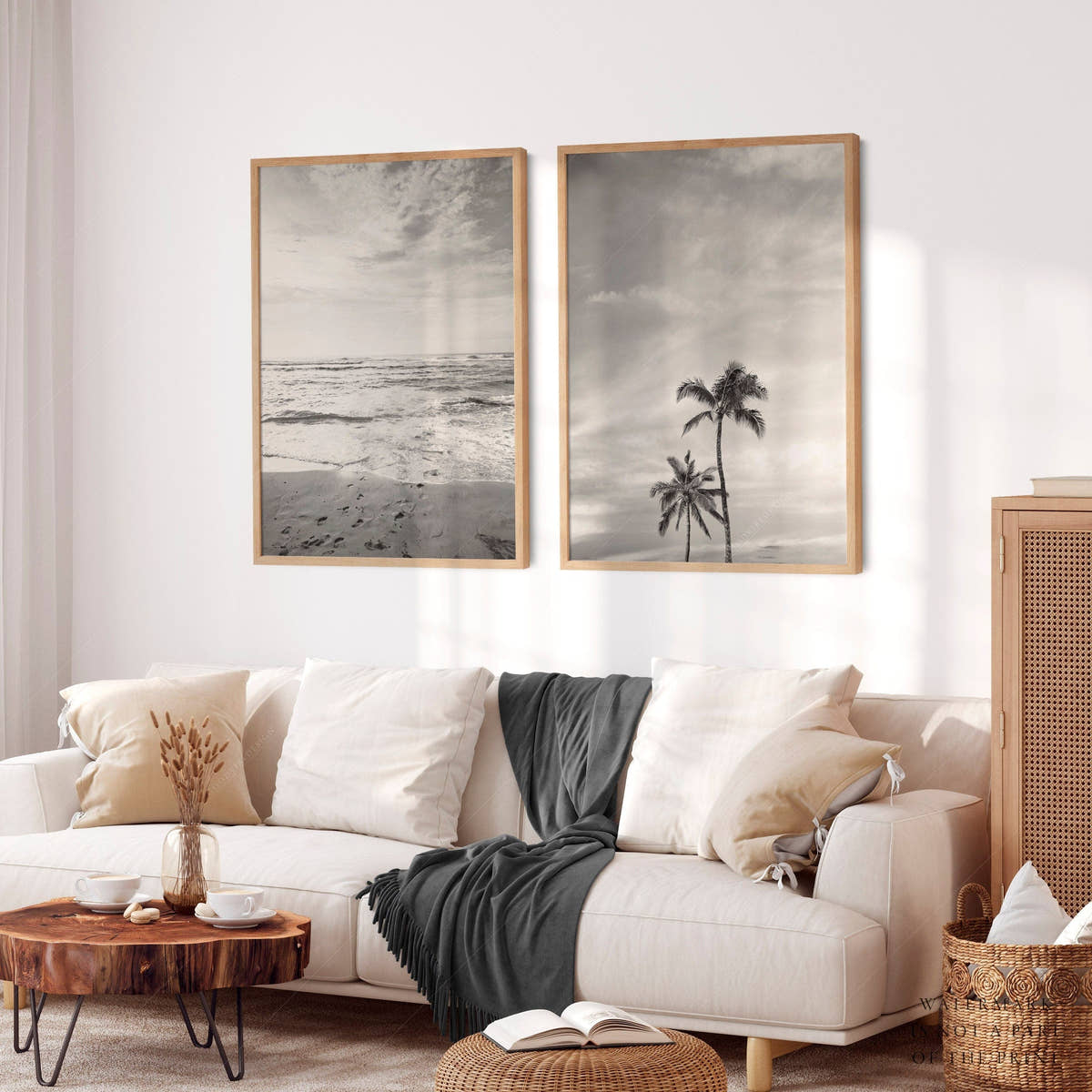 Black White Beach Photo, Palm Tree Print, Coastal Set of 2, Ocean and Sand