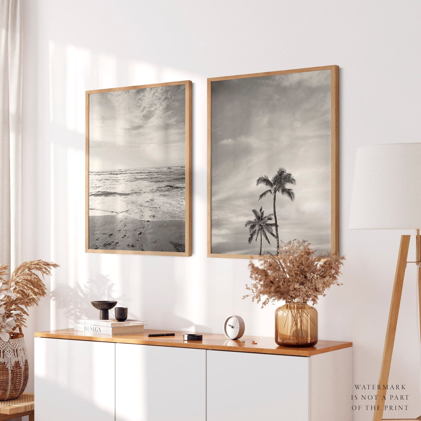 Black White Beach Photo, Palm Tree Print, Coastal Set of 2, Ocean and Sand