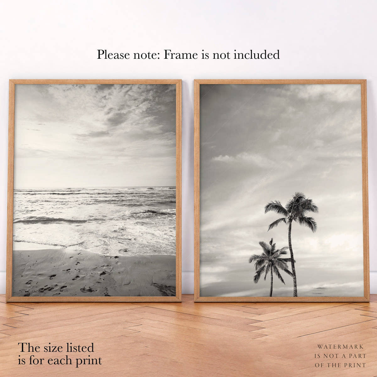 Black White Beach Photo, Palm Tree Print, Coastal Set of 2, Ocean and Sand