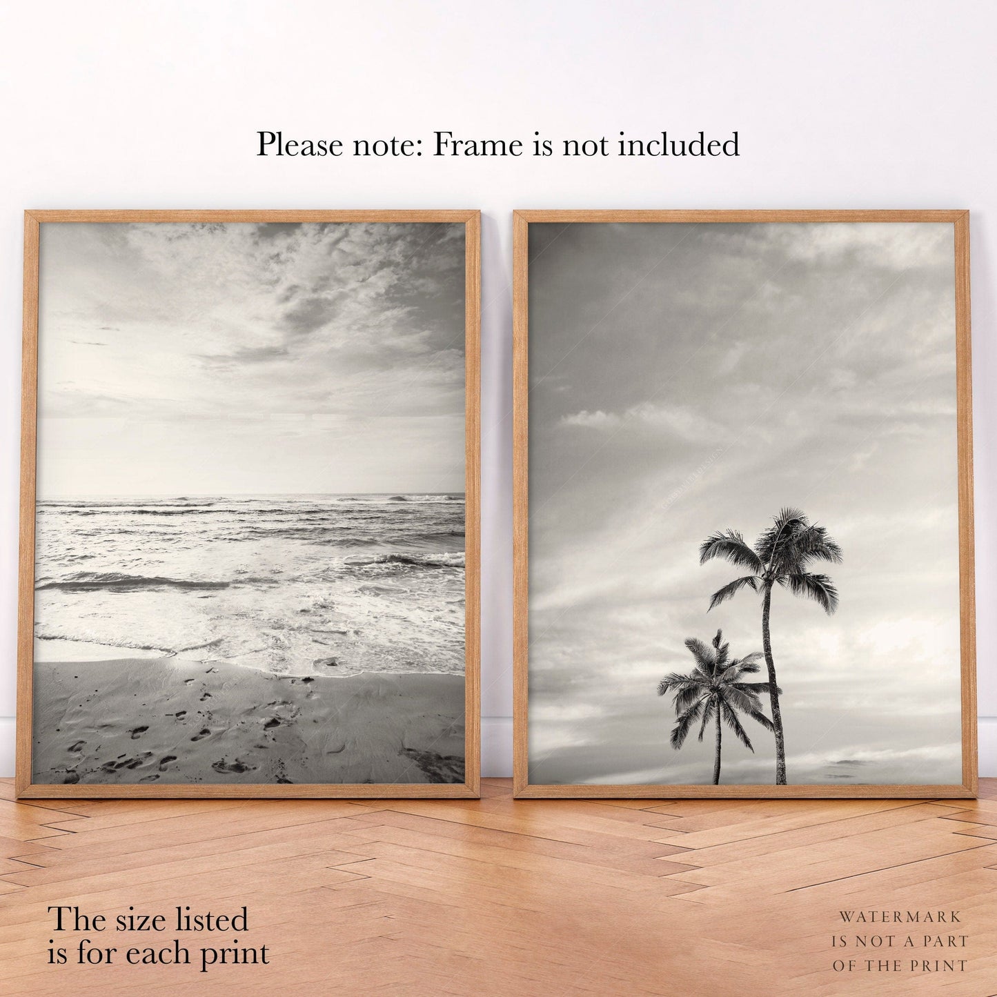 Black White Beach Photo, Palm Tree Print, Coastal Set of 2, Ocean and Sand