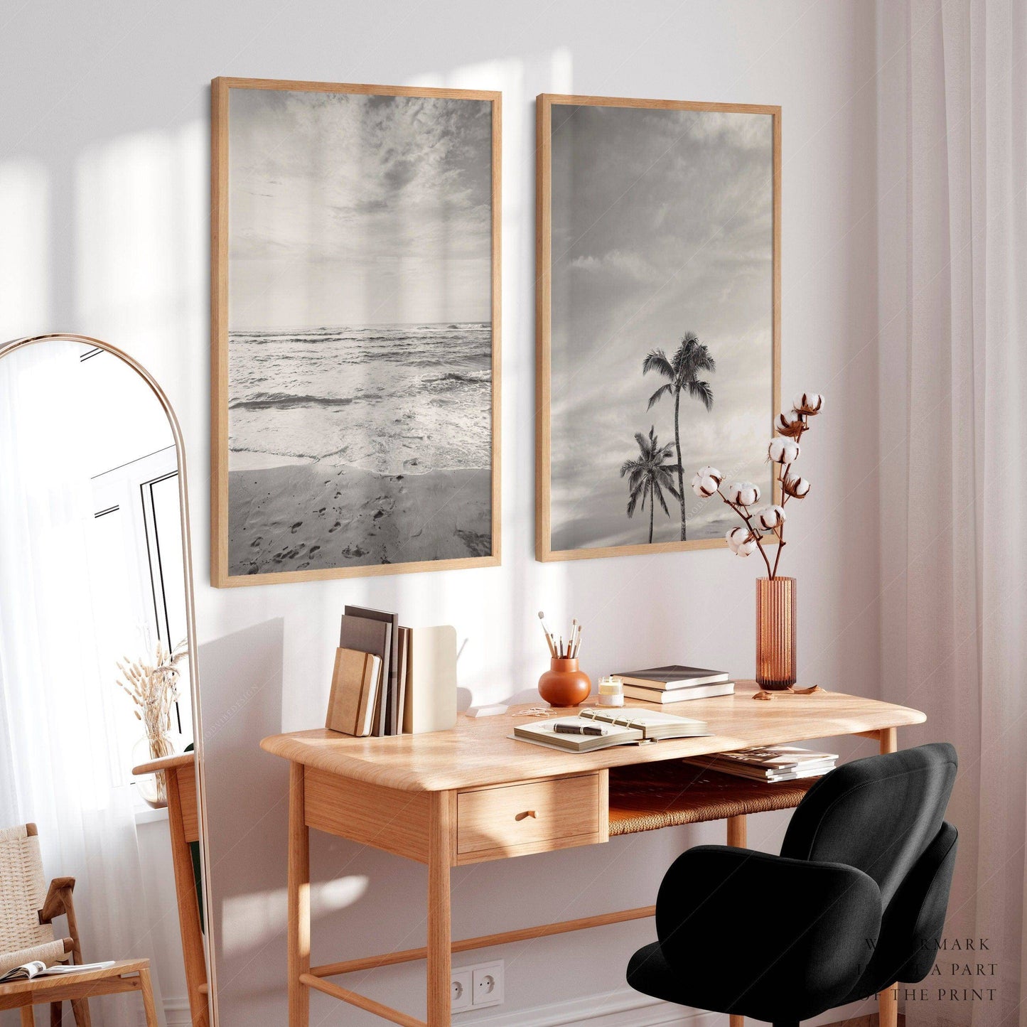 Black White Beach Photo, Palm Tree Print, Coastal Set of 2, Ocean and Sand