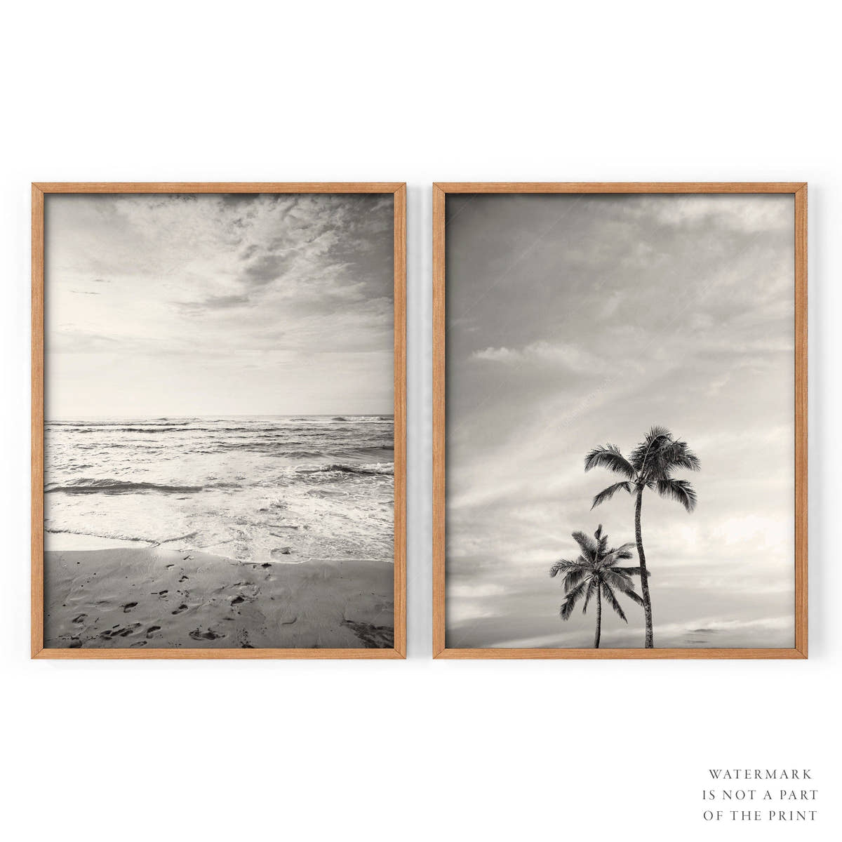 Black White Beach Photo, Palm Tree Print, Coastal Set of 2, Ocean and Sand