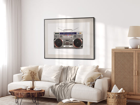 Vintage Boombox retro print displayed in a vintage-inspired living room