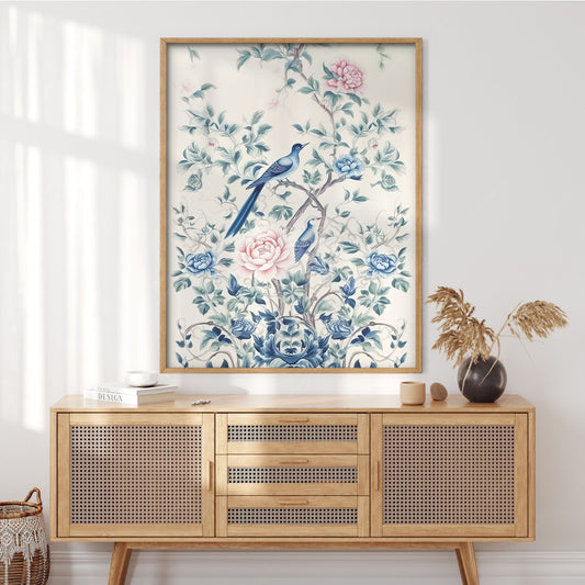 Chinoiserie print, Delicate floral theme, Vintage bird wall art