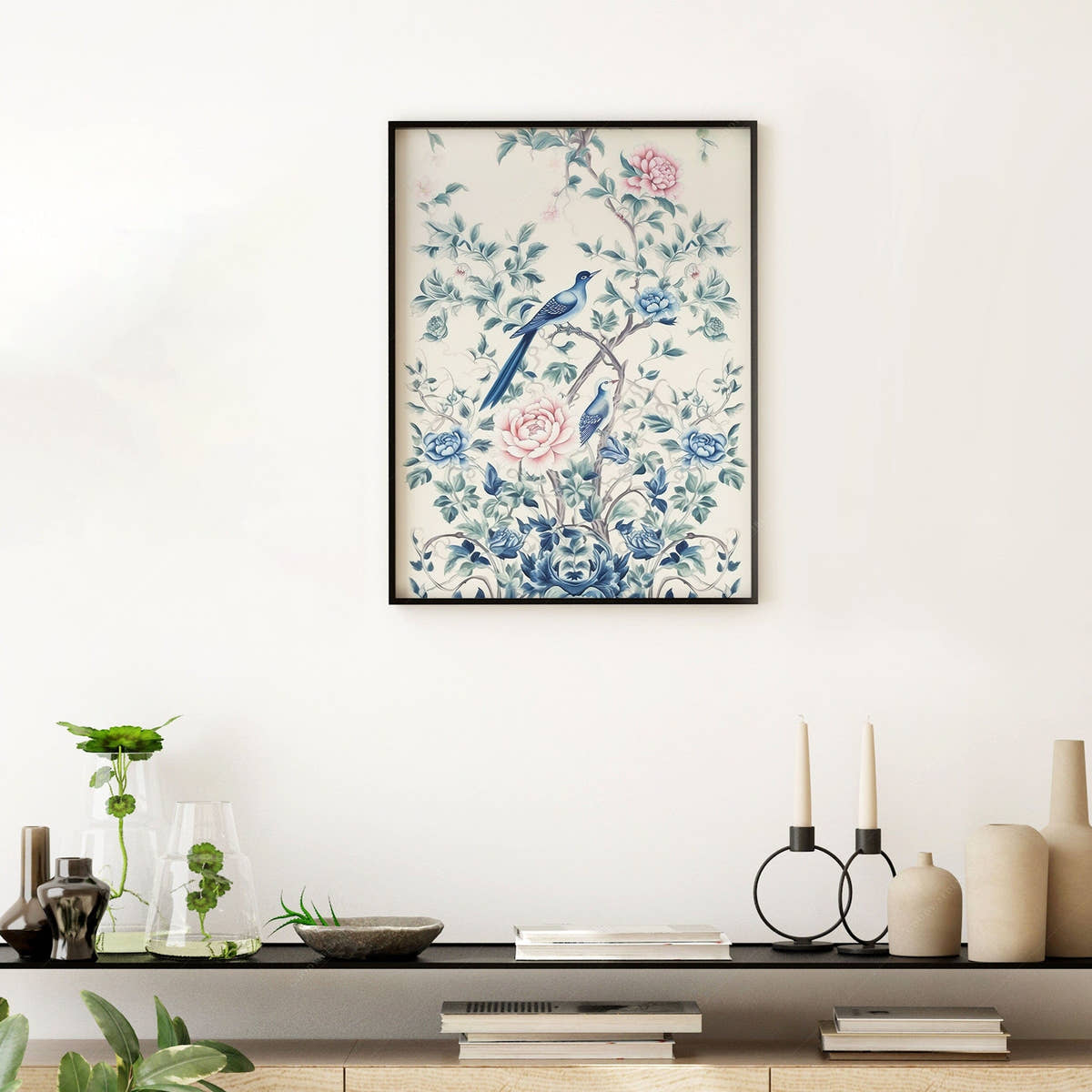 Chinoiserie print, Delicate floral theme, Vintage bird wall art