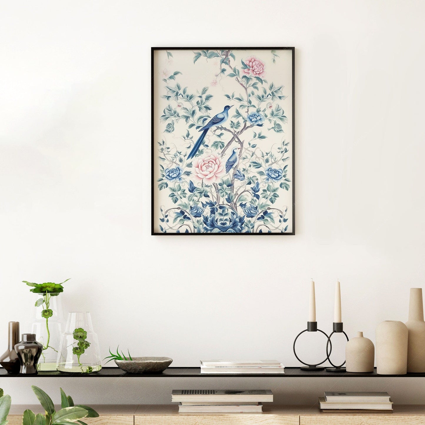 Chinoiserie print, Delicate floral theme, Vintage bird wall art