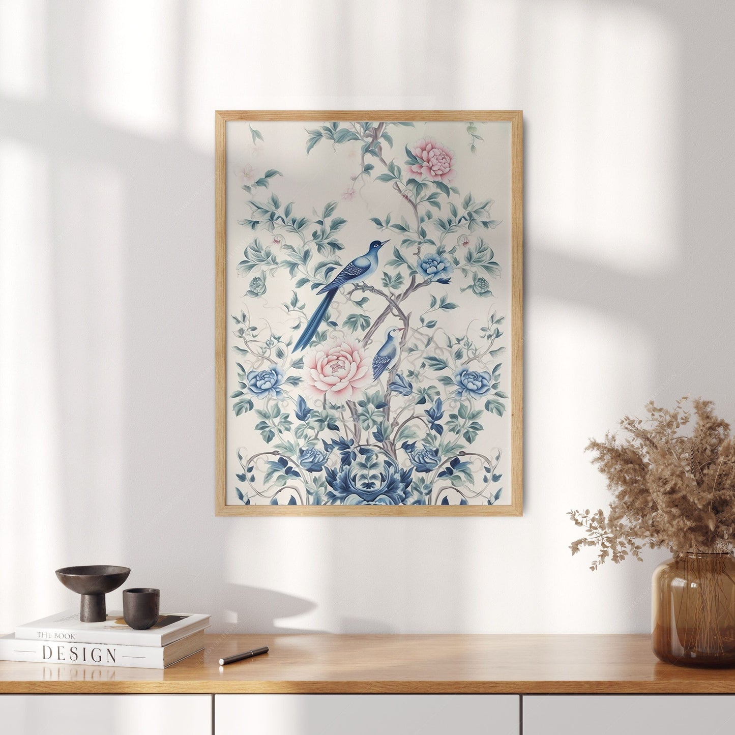 Chinoiserie print, Delicate floral theme, Vintage bird wall art