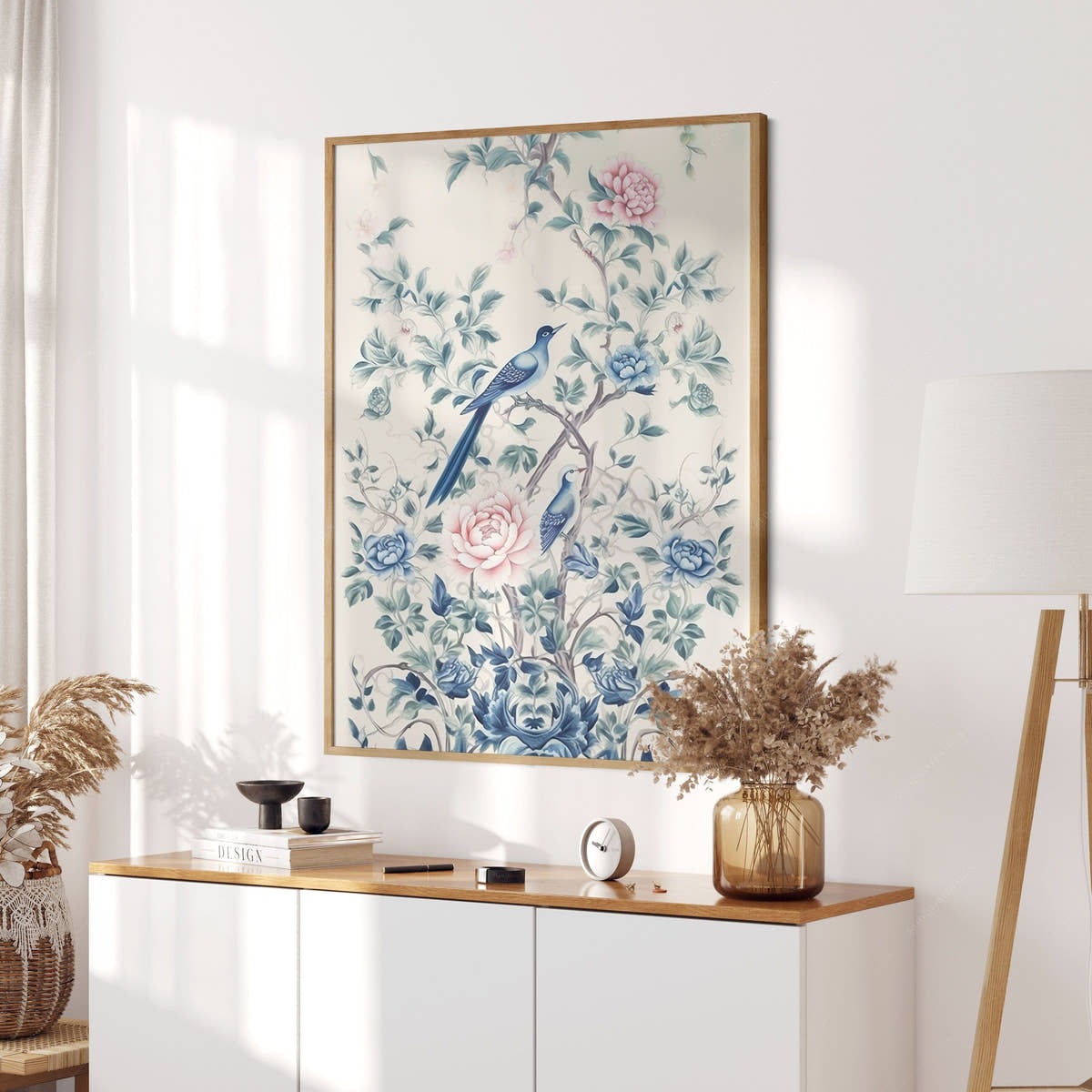 Chinoiserie print, Delicate floral theme, Vintage bird wall art