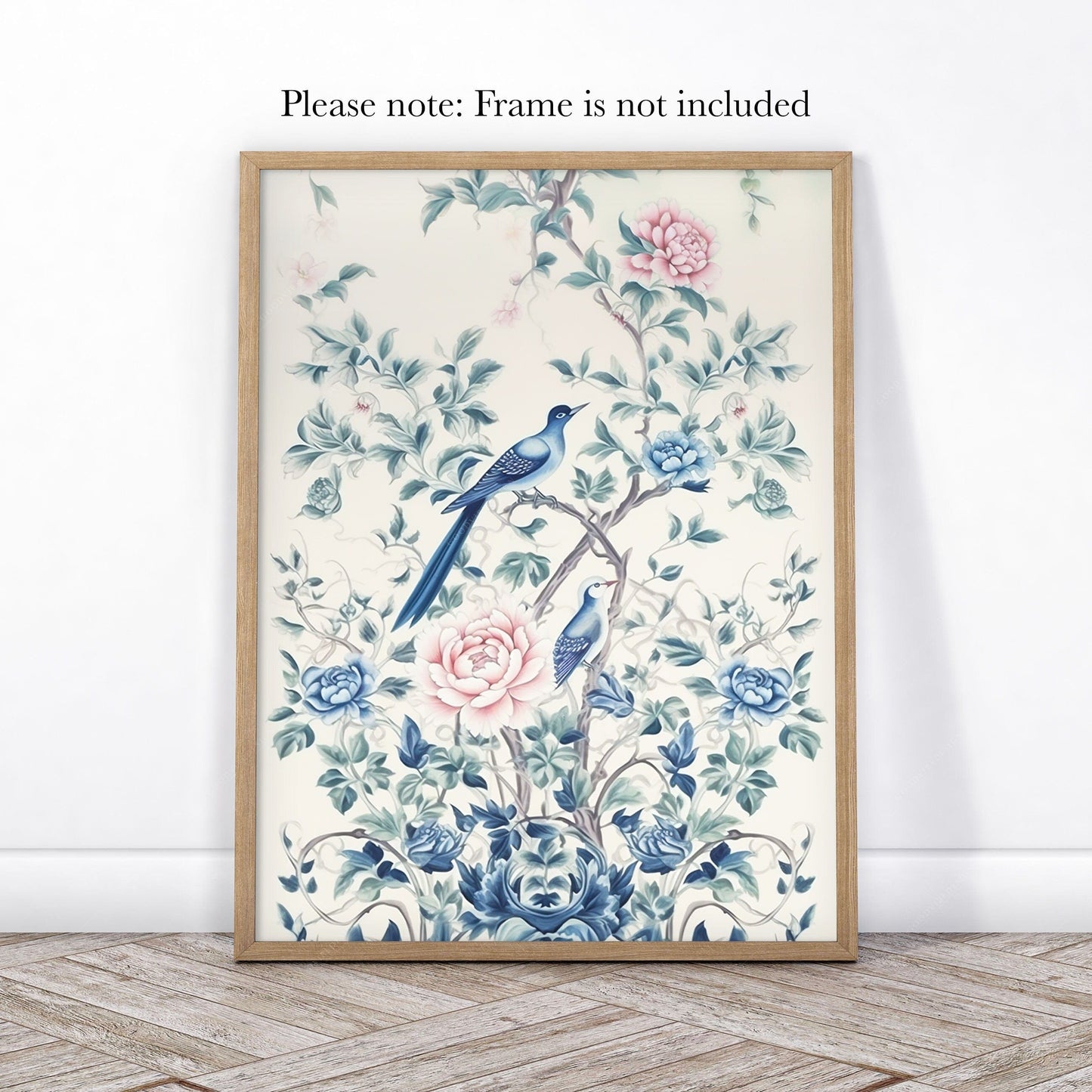 Chinoiserie print, Delicate floral theme, Vintage bird wall art