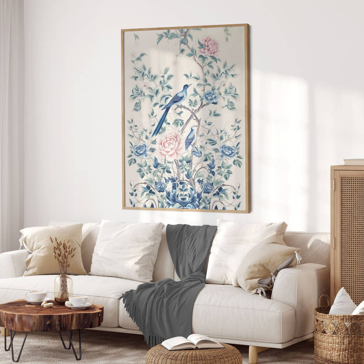 Chinoiserie print, Delicate floral theme, Vintage bird wall art