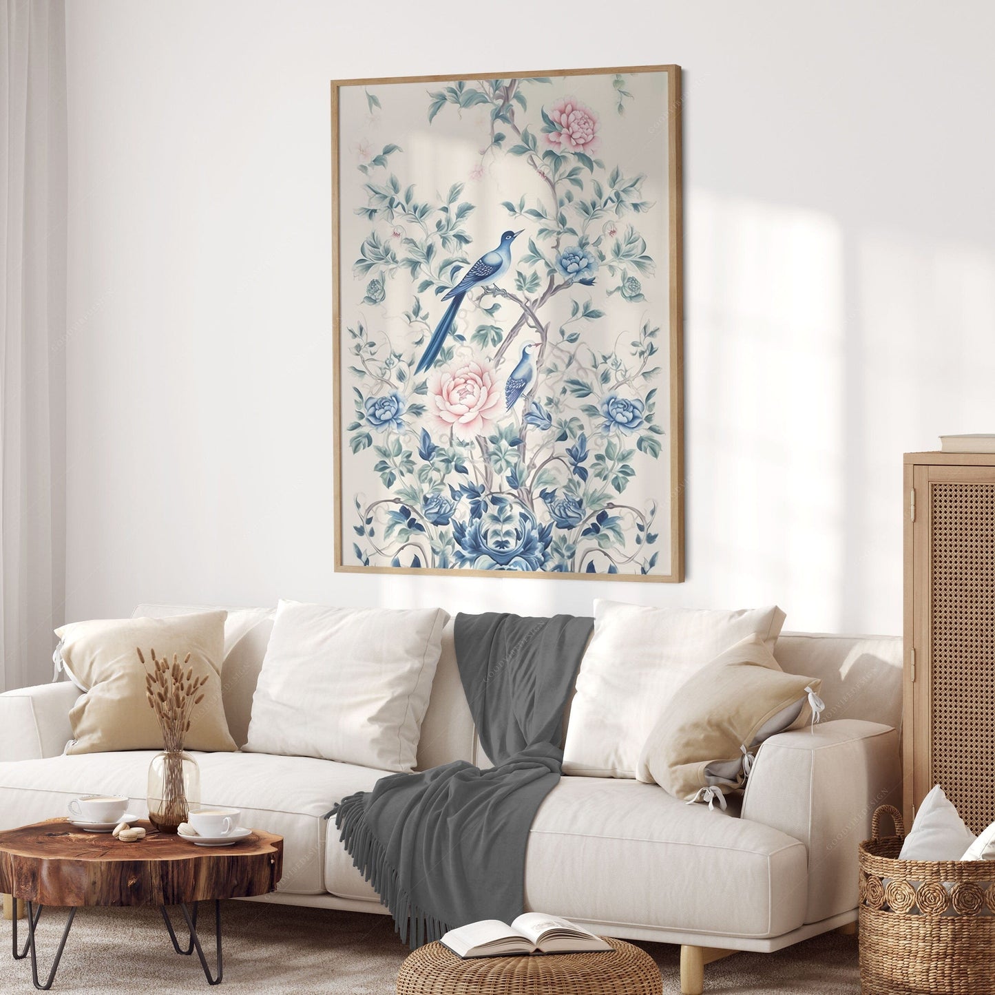 Chinoiserie print, Delicate floral theme, Vintage bird wall art