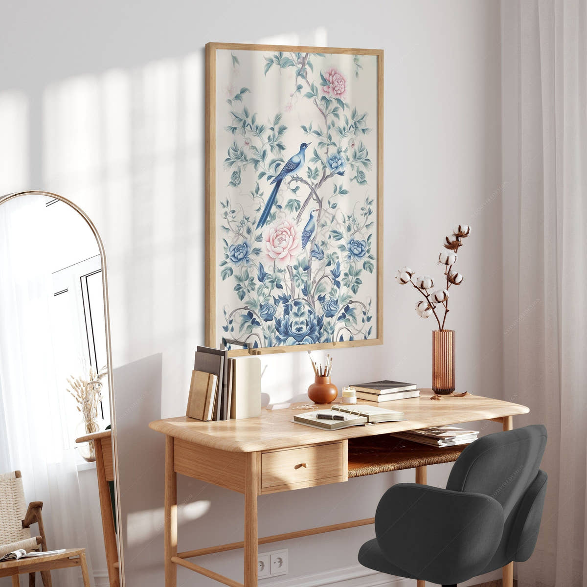 Chinoiserie print, Delicate floral theme, Vintage bird wall art
