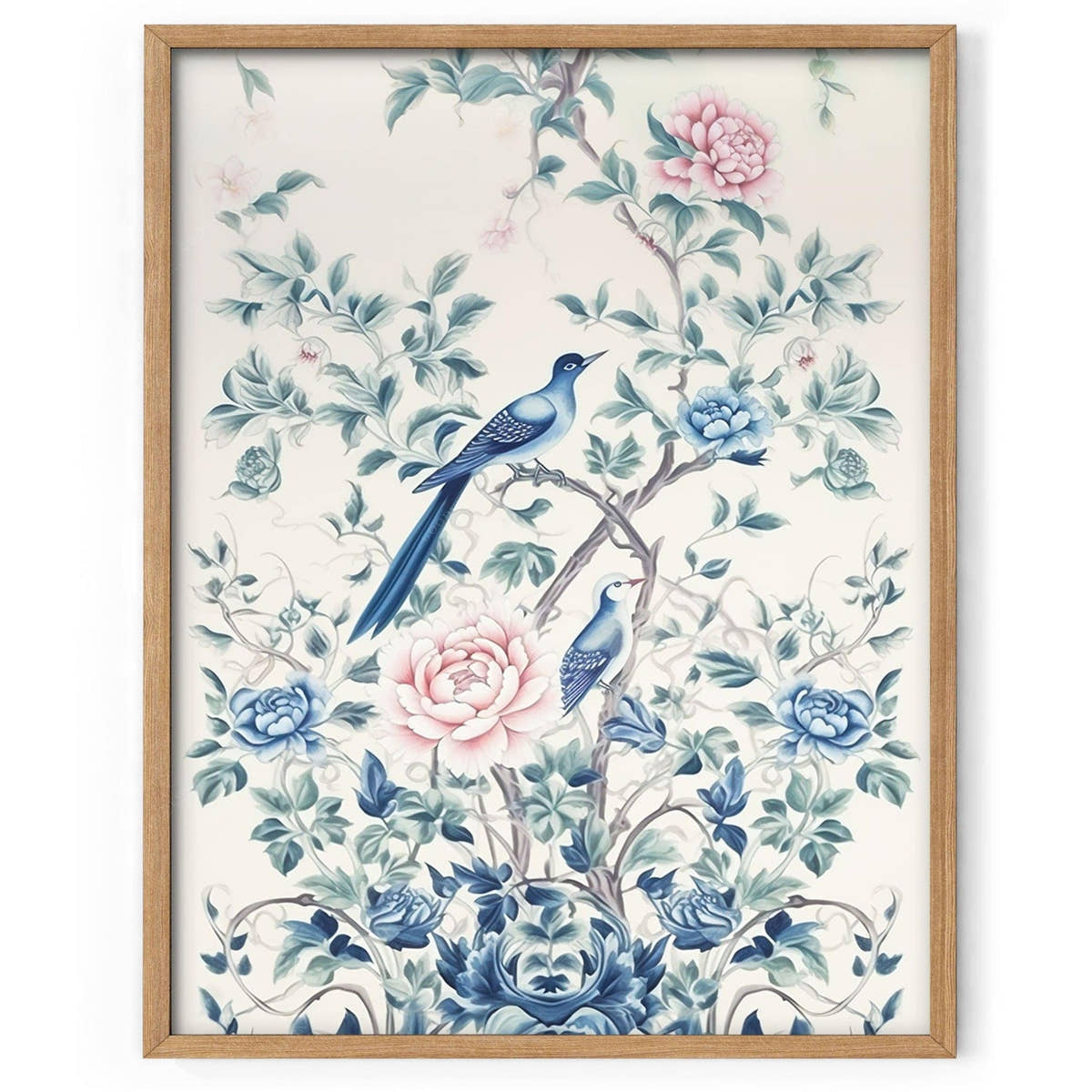 Chinoiserie print, Delicate floral theme, Vintage bird wall art