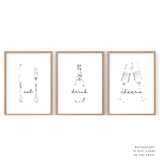 Drink Eat Cheers, Set of 3 Prints, Wall art for Dining room or Kitchen