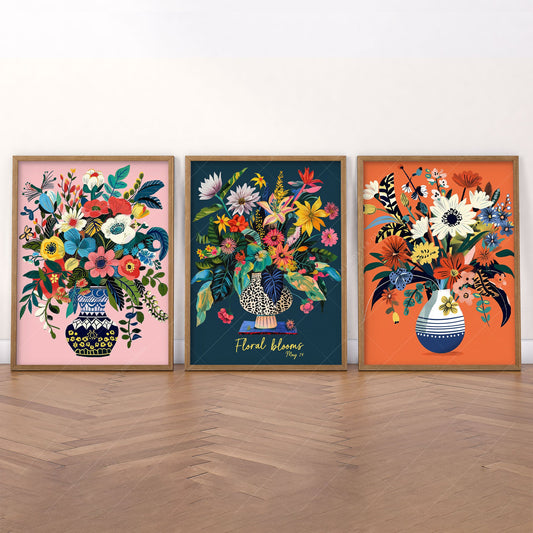 Floral Blooms Triptych Art Print Set wall art print displayed in a bright modern living room