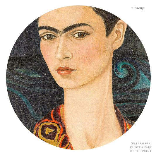 Frida Kahlo Self-Portrait in Velvet print styled in a mid-century modern dining room